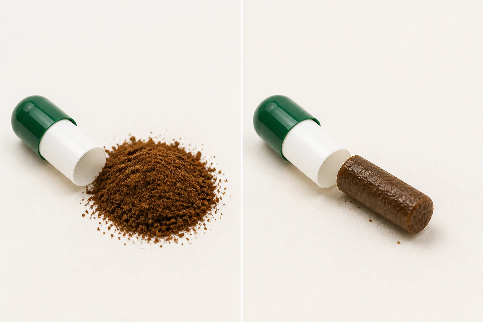 Illustration: a dark-green and white Baituxiao capsule opened to show brown concentrated herbal powder and a firm brown strip.