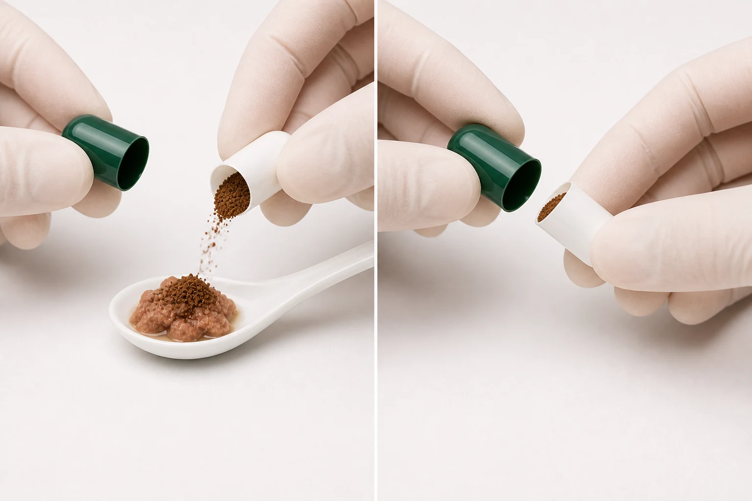 Illustration: a dark-green and white Baituxiao capsule opened over a small portion of pet food for a partial serving.