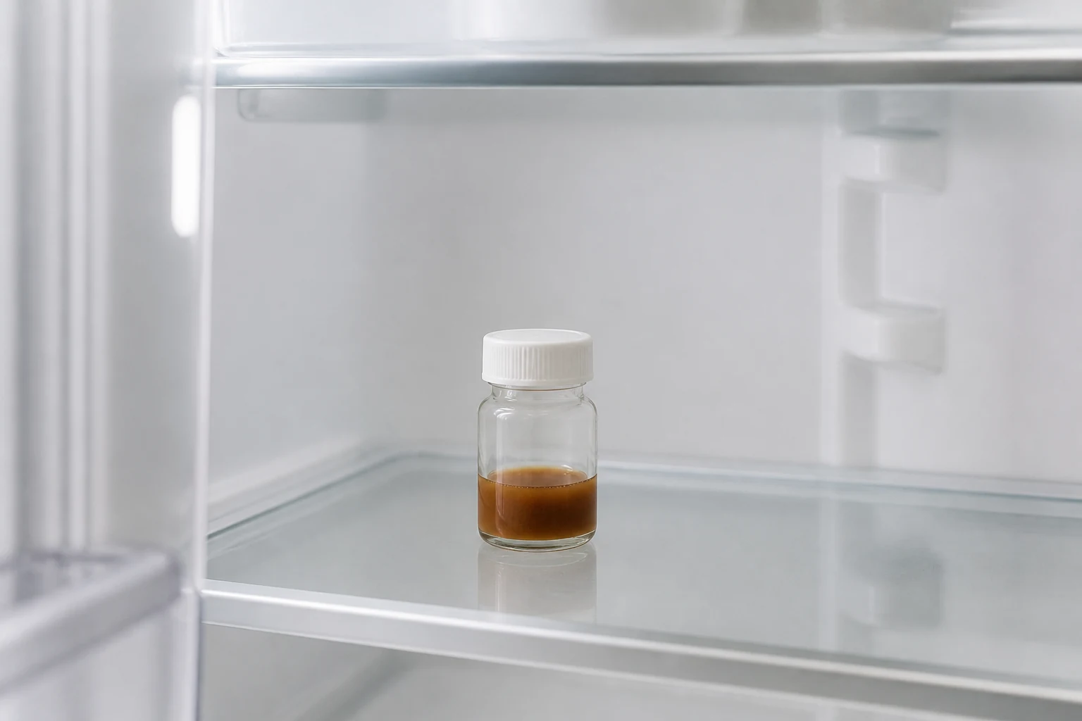 Illustration: a small sealed container holding a few millilitres of warm-brown dissolved Baituxiao contents on a clean refrigerator shelf.