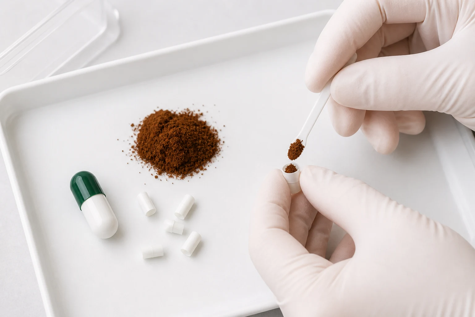 Illustration: brown Baituxiao extract being carefully repackaged into a smaller capsule with gloves and dry anti-static tools.