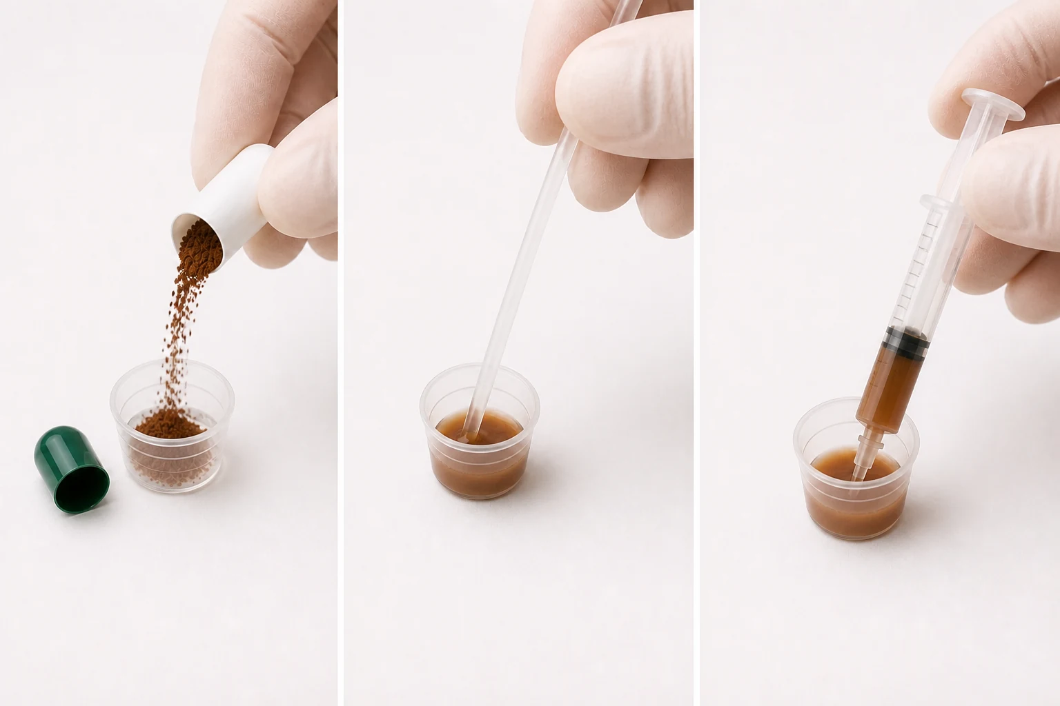 Illustration: brown Baituxiao 5× concentrated Chinese herbal extract dissolved in warm water and measured with an oral syringe.