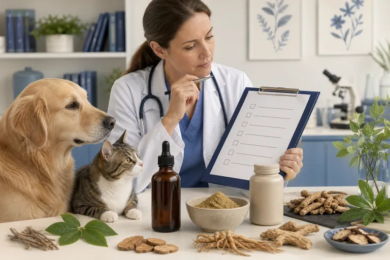 Veterinarian reviewing unbranded botanical formula formats with a dog caregiver