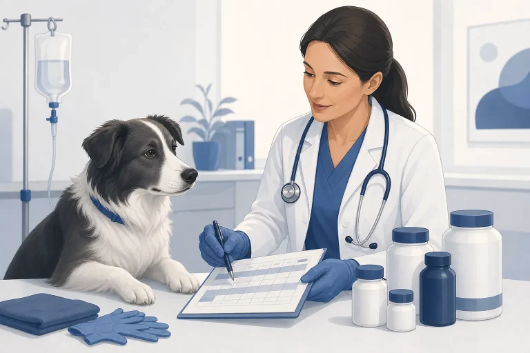 Veterinary team coordinating a medication schedule for a dog