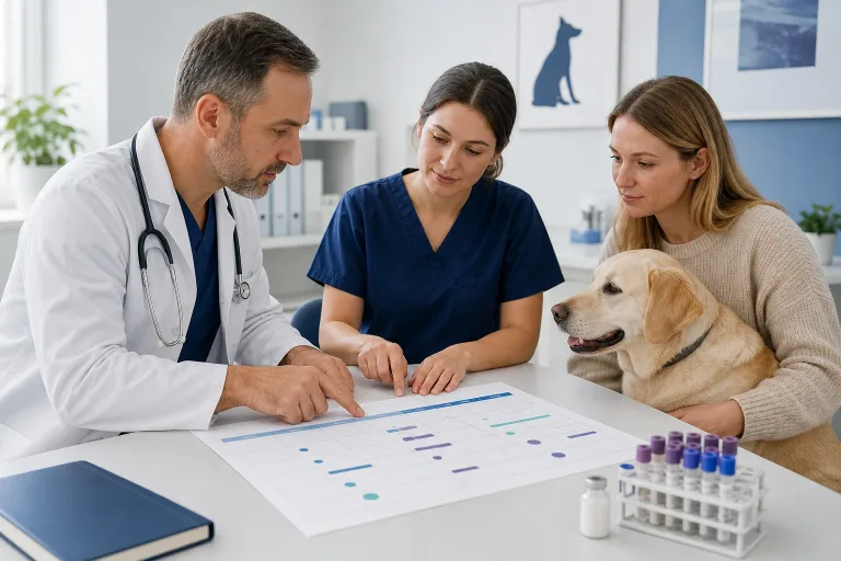 Veterinary team and caregiver reviewing an oncology treatment calendar for a dog
