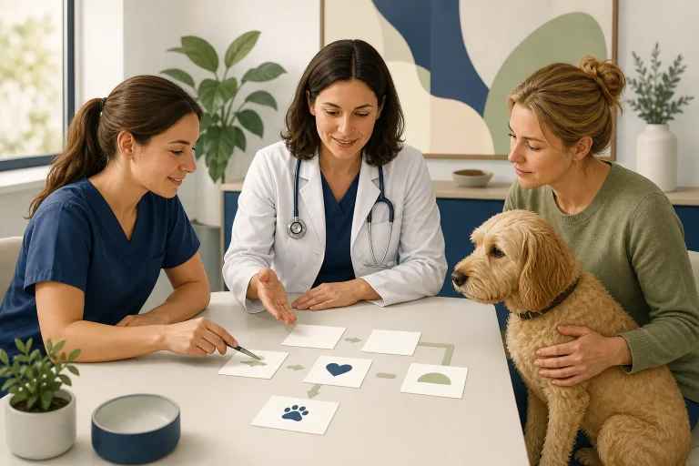 Veterinary team and caregiver discussing a shared care plan for a dog
