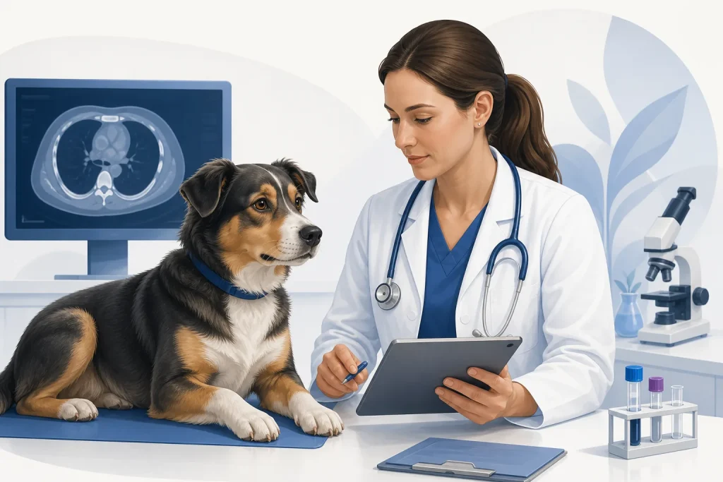 Veterinary team reviewing diagnostic imaging and monitoring information with a dog