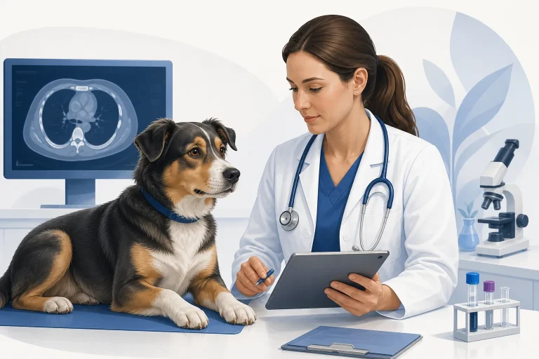 Veterinary team reviewing diagnostic imaging and monitoring information with a dog