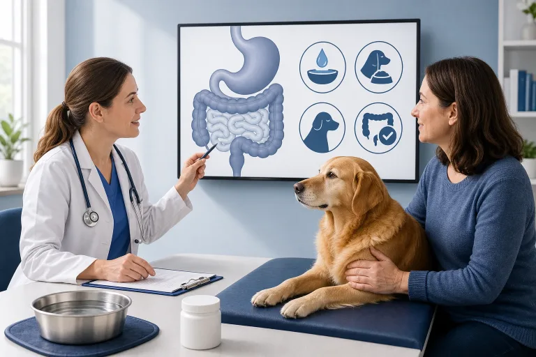Veterinarian reviewing hydration and digestive symptom monitoring with a dog caregiver