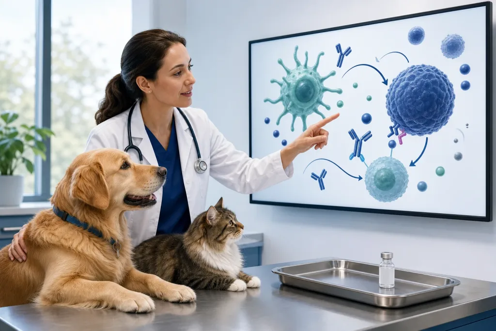 Veterinarian reviewing an immune pathway concept and an unbranded biologic treatment with a dog caregiver