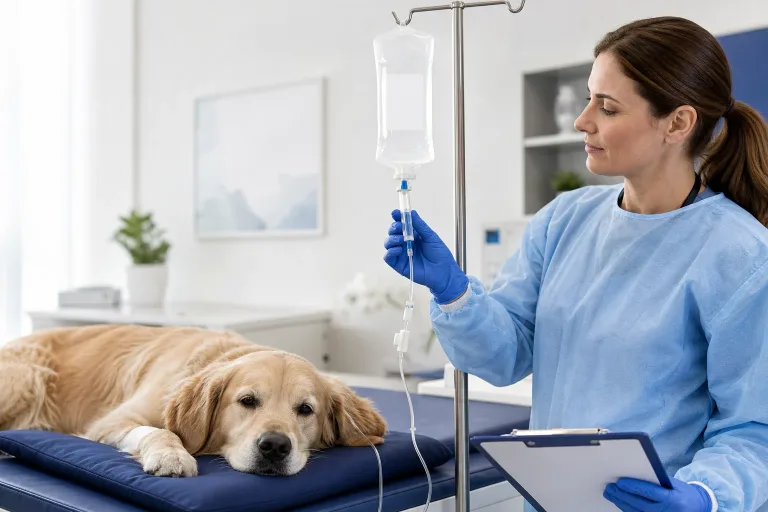 Calm dog receiving a monitored intravenous treatment in a veterinary clinic