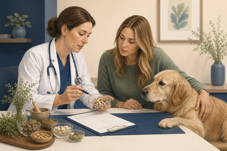 Veterinarian reviewing unbranded supplements with a dog caregiver