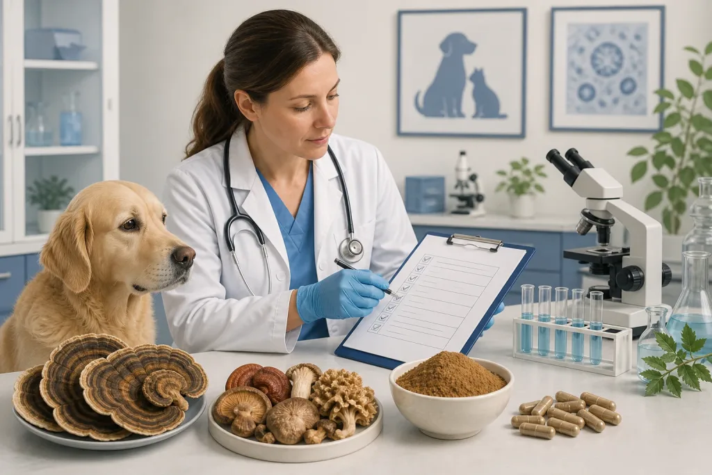 Veterinarian reviewing mushroom reference materials and unbranded supplement formats with a dog