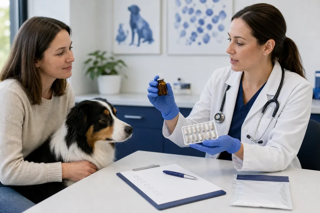 Veterinarian demonstrating safe handling of an unbranded oral oncology medicine with a dog caregiver