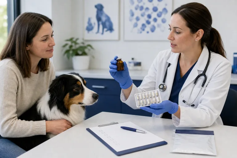 Veterinarian demonstrating safe handling of an unbranded oral oncology medicine with a dog caregiver