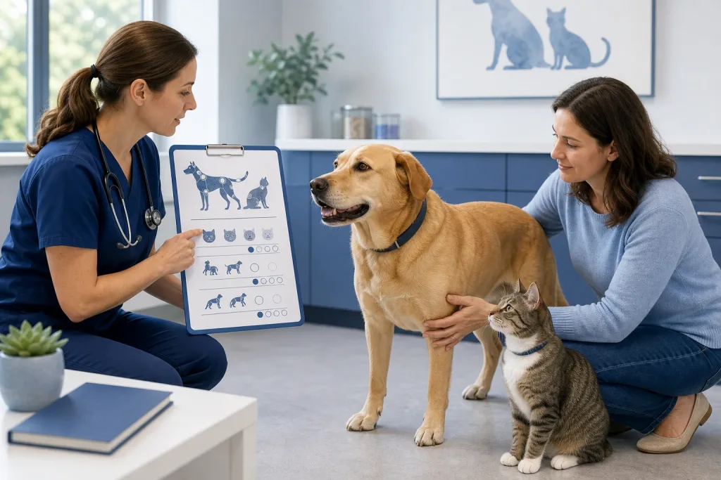 Veterinarian assessing comfort and mobility with a calm dog and caregiver