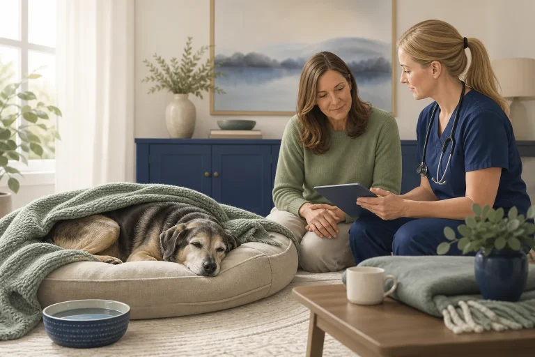 Older dog resting comfortably during a home palliative care discussion