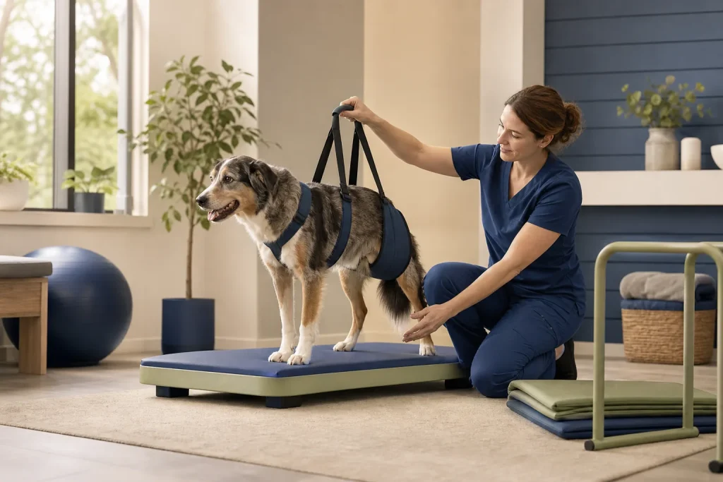 Dog receiving supervised veterinary rehabilitation with a support harness