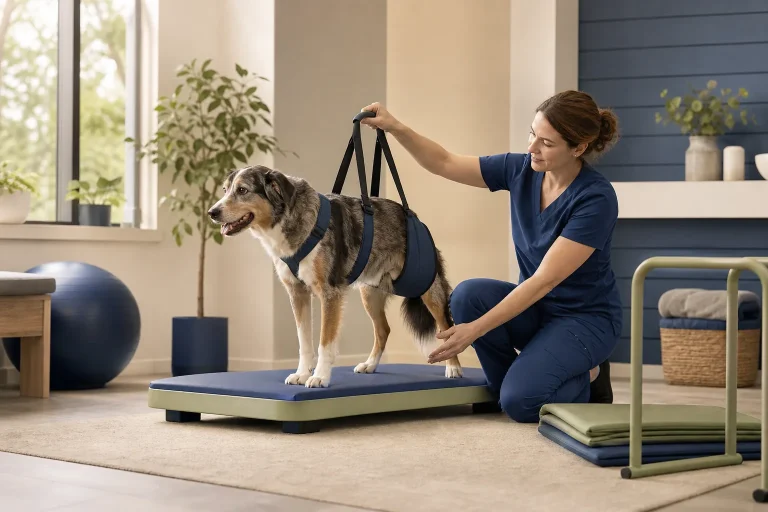 Dog receiving supervised veterinary rehabilitation with a support harness