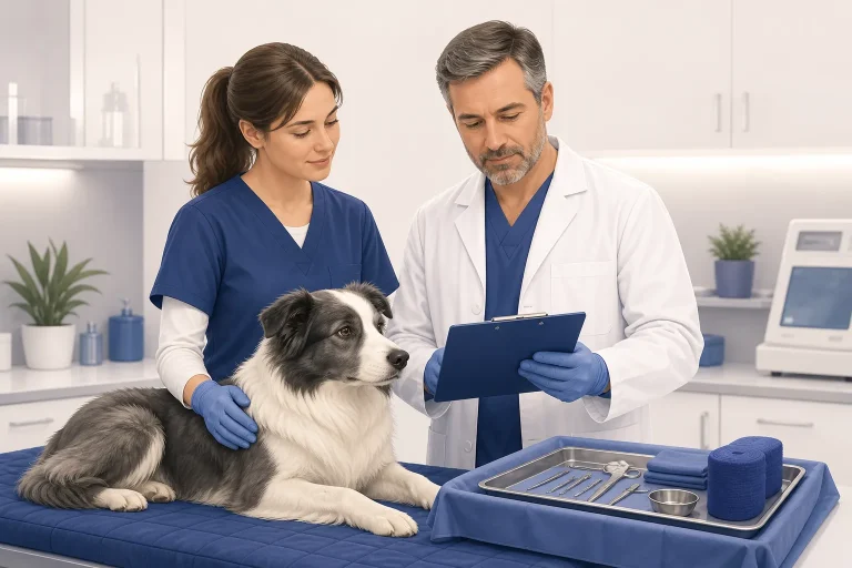 Veterinary surgical planning scene with a calm dog and clinical team