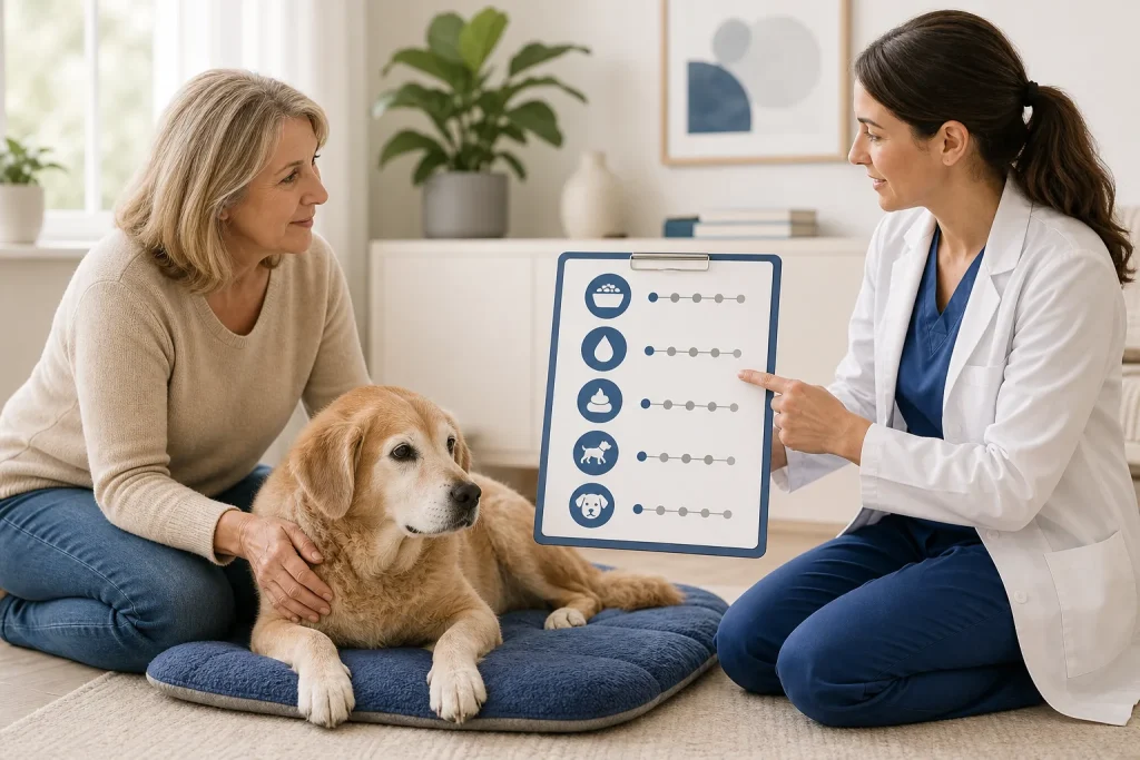 Caregiver and veterinary professional reviewing symptom observations for a dog