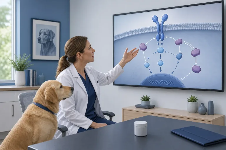 Veterinarian reviewing a molecular target concept and an unbranded oral medicine with a dog caregiver