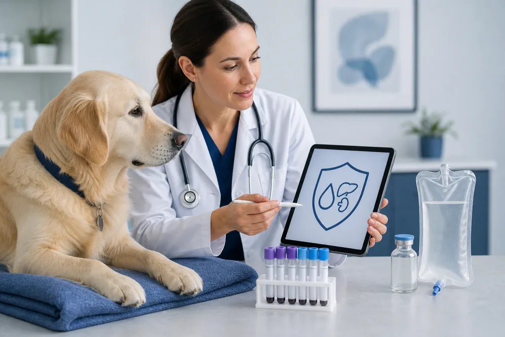 Veterinarian reviewing organ protection, hydration and laboratory monitoring with a dog