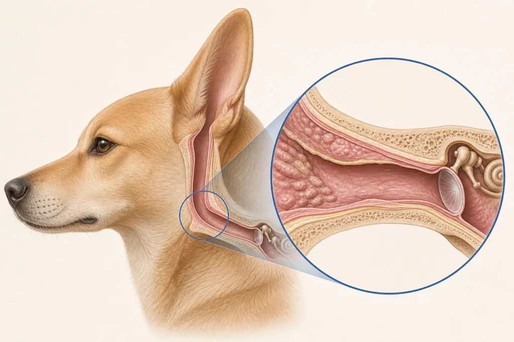 Veterinary illustration of a dog's external ear canal and ceruminous gland-bearing skin.