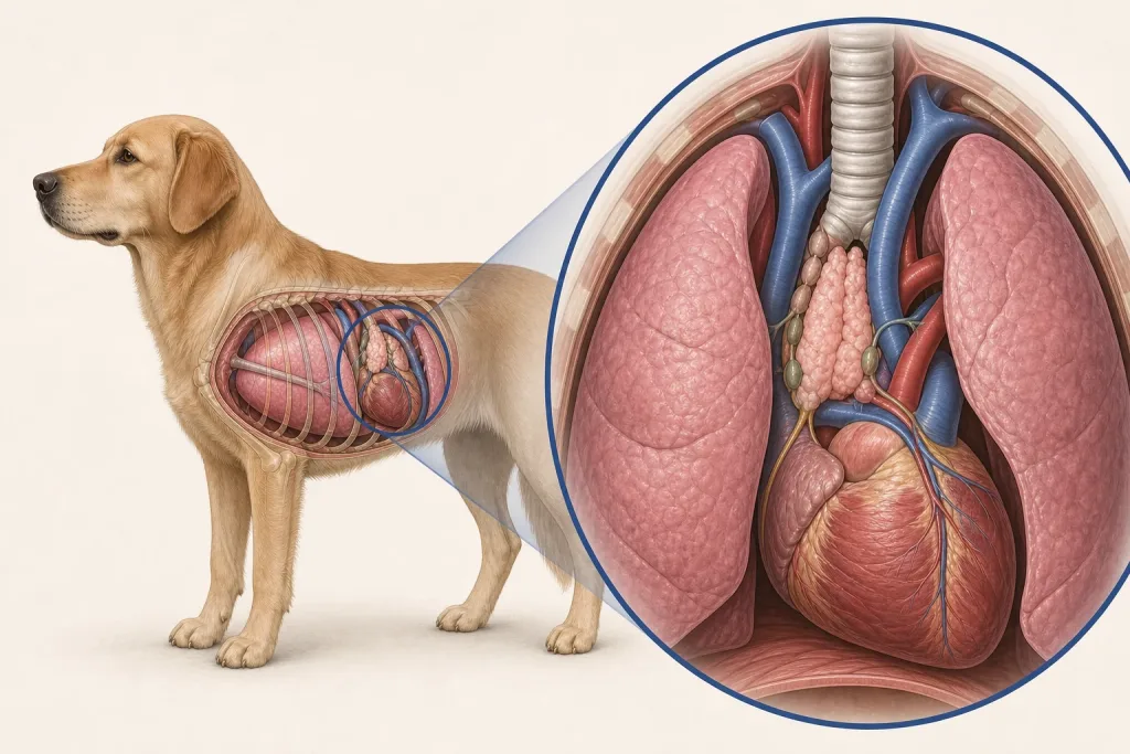 Veterinary illustration of the canine cranial mediastinum between the lungs and in front of the heart.