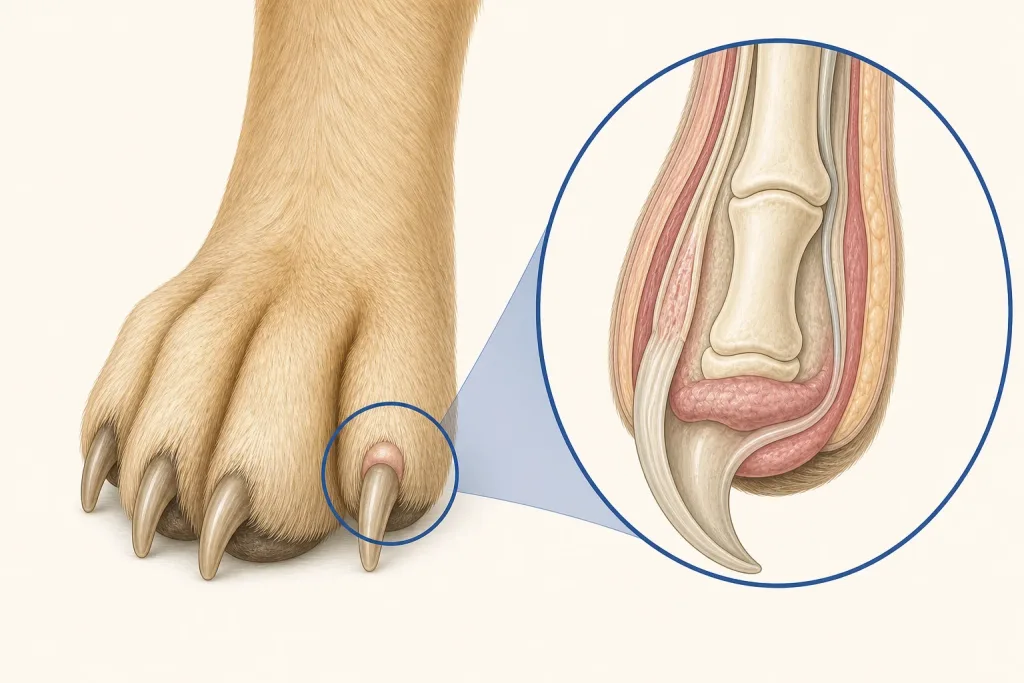 Veterinary illustration of a canine paw, nail bed, digit soft tissue, and distal phalanx.