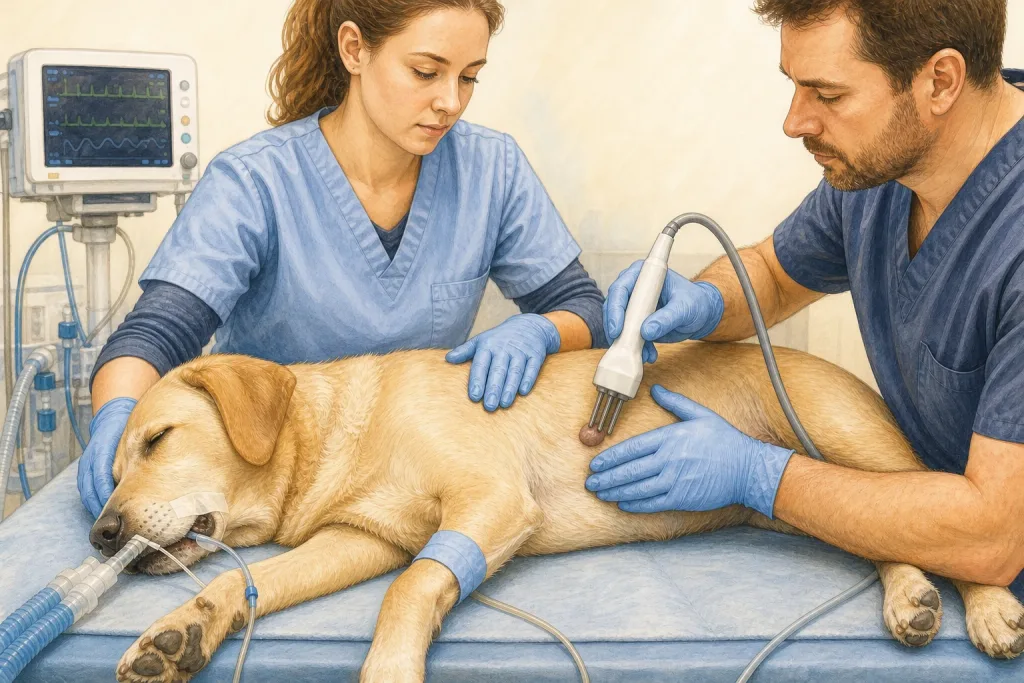 Illustrated veterinary team placing a local electrode applicator on an anesthetized dog.