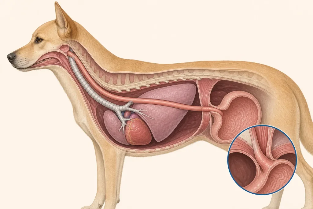 Lateral canine cutaway tracing the esophagus from the pharynx through the chest to the stomach.