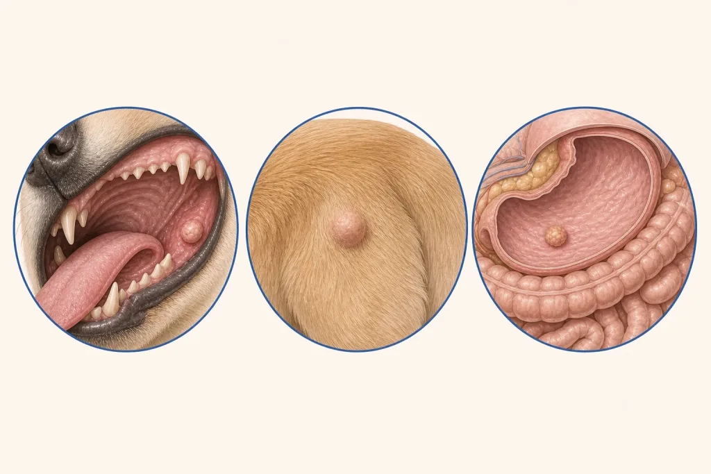 Three veterinary illustrations showing canine oral mucosa, haired skin, and gastrointestinal sites.