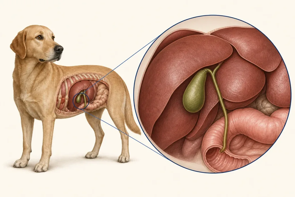 Veterinary illustration of the canine liver, gallbladder, common bile duct, and duodenal entry.