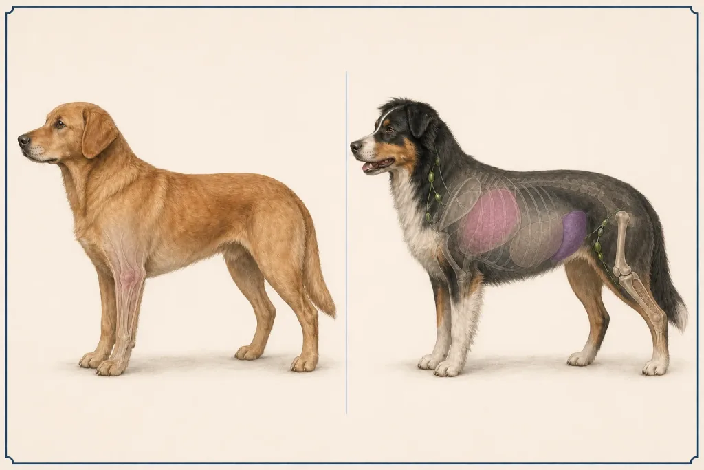 Two-dog veterinary illustration contrasting one localized region with limited multi-organ distribution context.