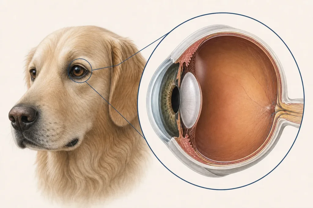 Veterinary illustration of a canine eye cross-section showing internal globe anatomy.