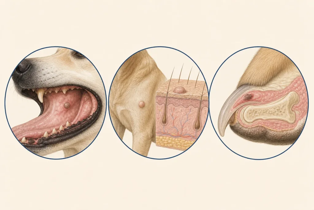 Three veterinary illustrations of canine oral mucosa, haired skin, and digit and nail-bed sites.