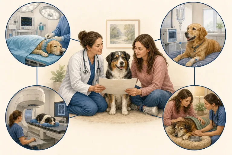 Veterinarian and dog caregiver considering surgery, systemic medicine, radiation, and supportive care.