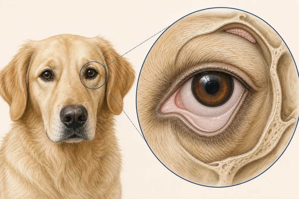 Veterinary illustration of canine eyelids, conjunctiva, third eyelid, lacrimal gland, and orbital boundary.