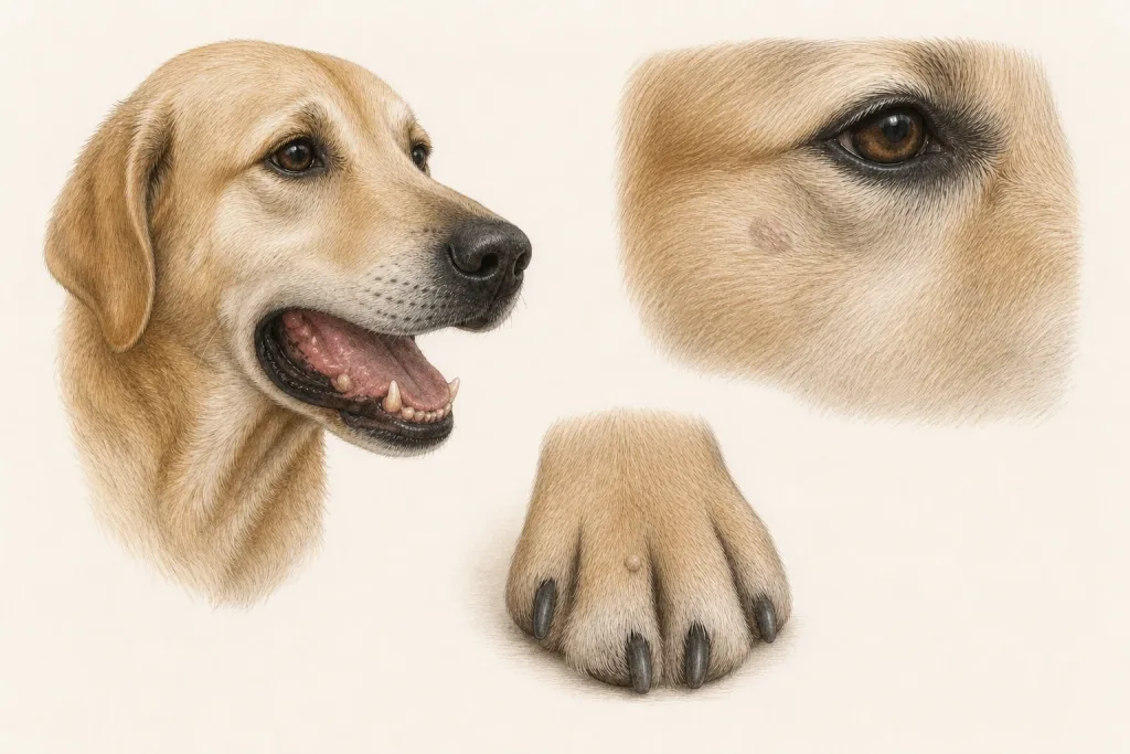 Canine oral mucosa, facial skin and paw shown as separate sites of nonspecific surface change
