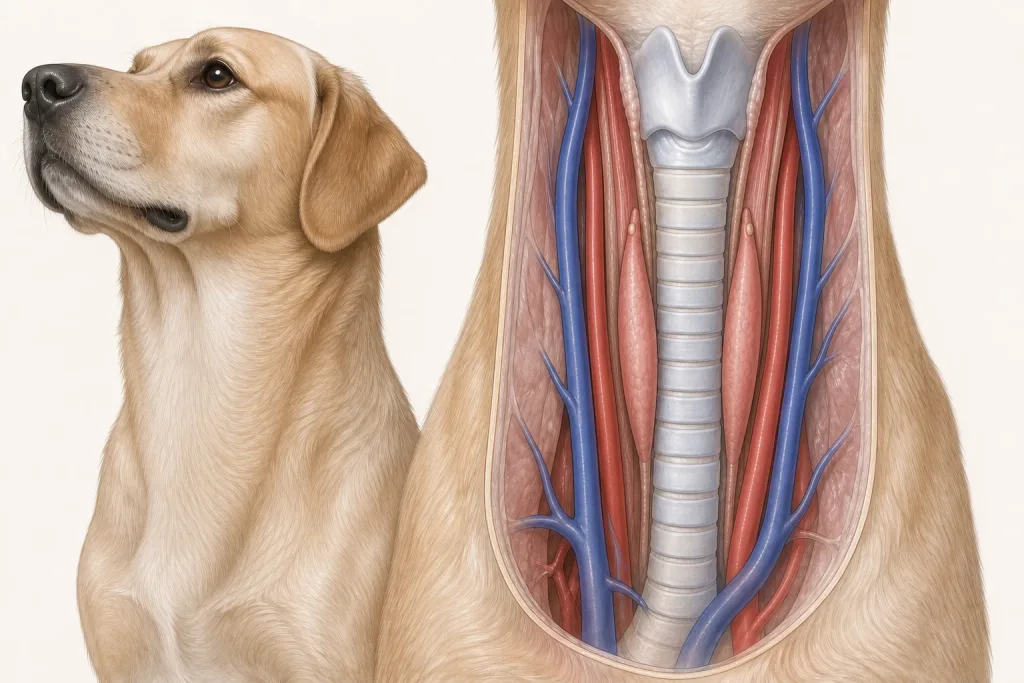 Canine ventral neck anatomy showing paired thyroid lobes, tiny parathyroid regions, trachea and vessels