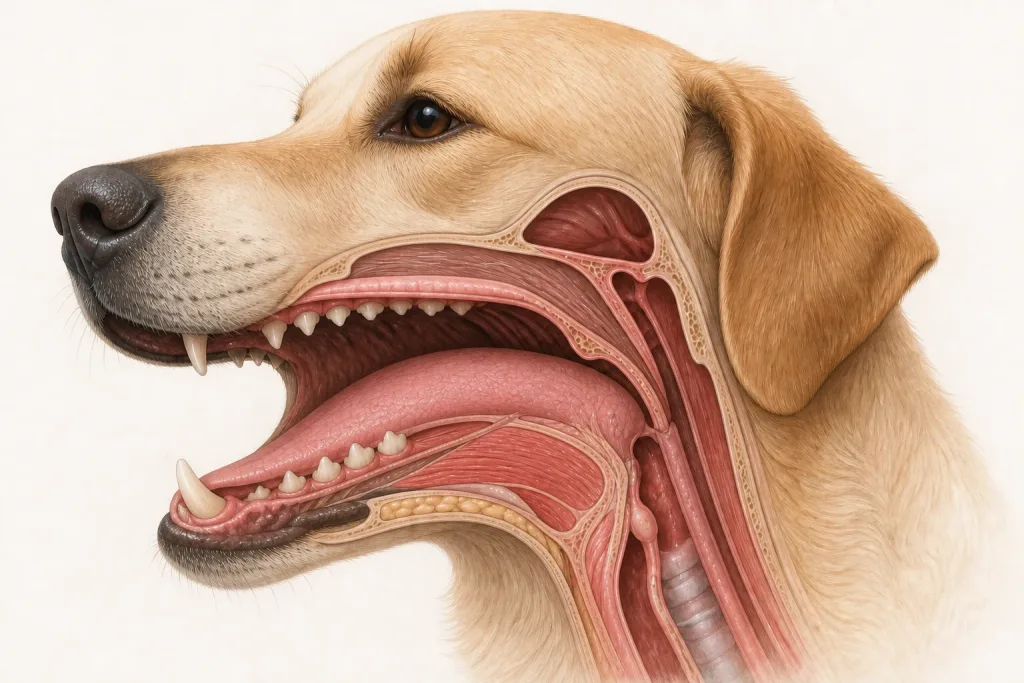 Canine oral anatomy showing the tongue body and base, floor of mouth and oropharyngeal airway