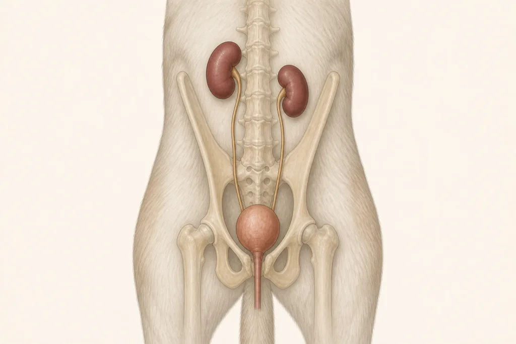 Dorsal canine urinary anatomy showing both kidneys, ureters, bladder and urethra