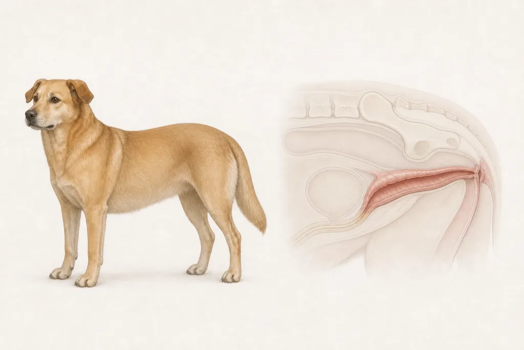 Female dog with schematic canine pelvic anatomy showing the vaginal canal, vulvar region, bladder and urethra