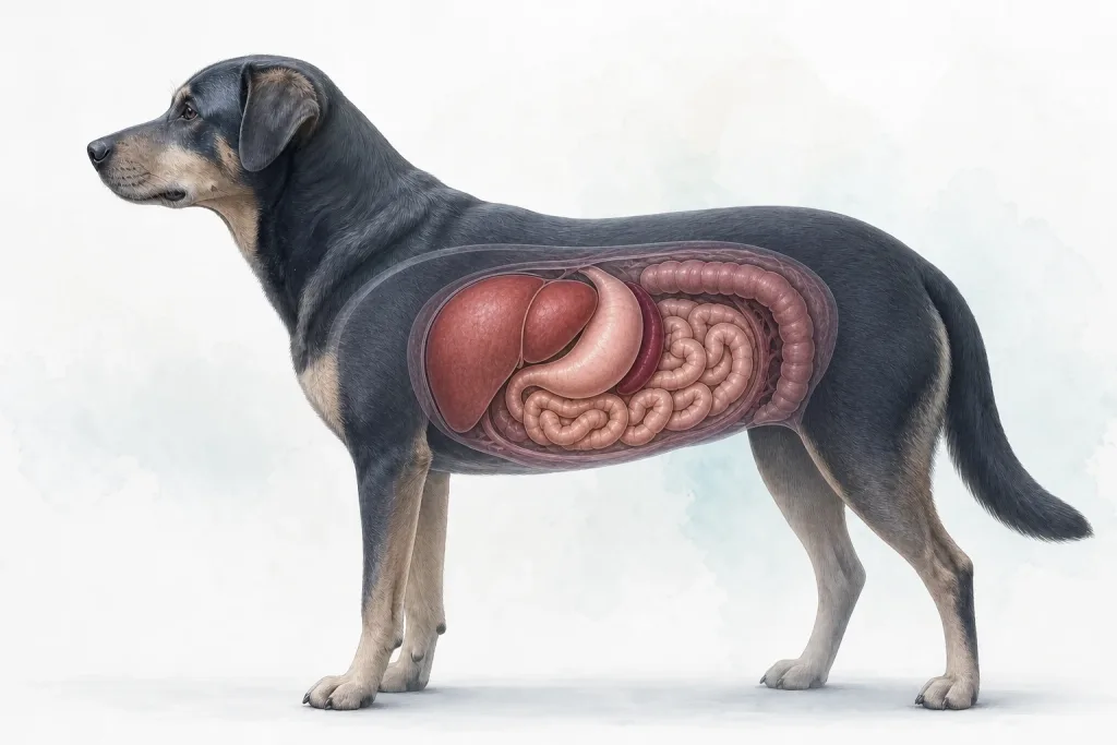 Canine abdominal anatomy showing the liver, stomach, spleen and intestines