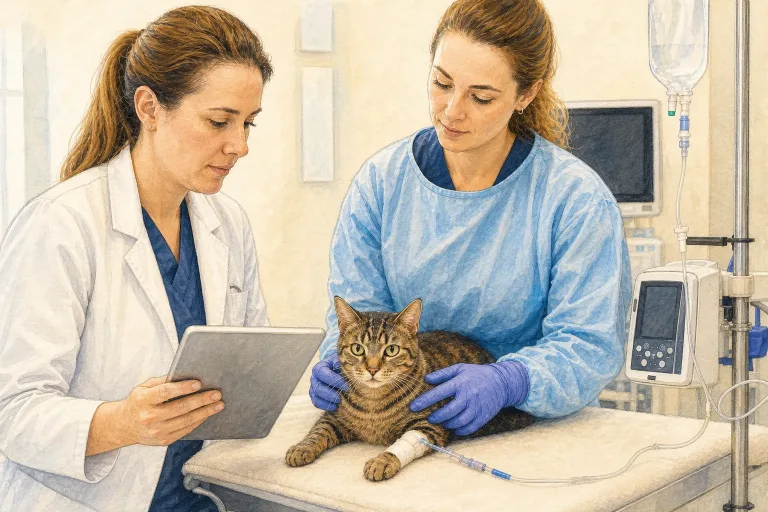 Awake cat monitored by a veterinary oncology team with a closed infusion system
