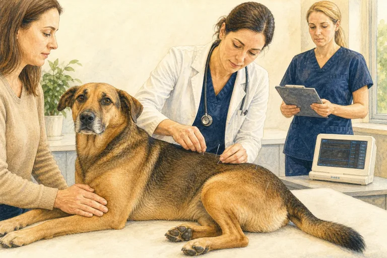 Veterinarian providing acupuncture support to an awake, comfortable dog during a monitored clinic visit