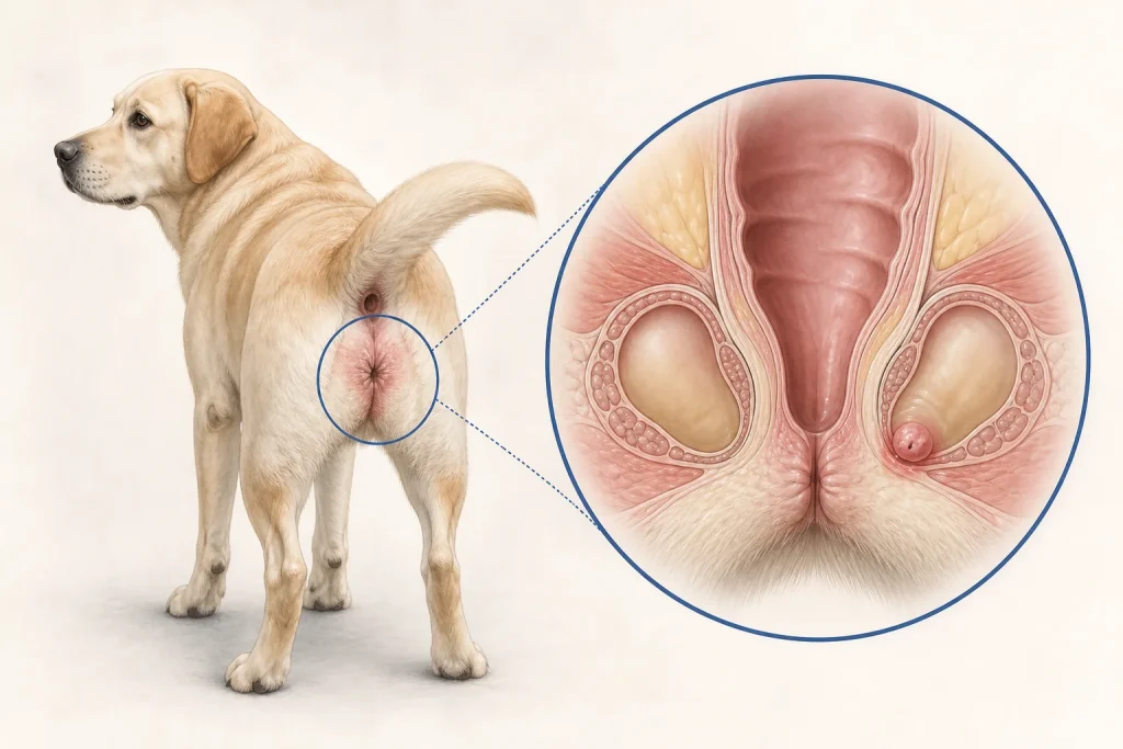 Canine anal sac and perianal anatomy illustration with a generic localized lesion