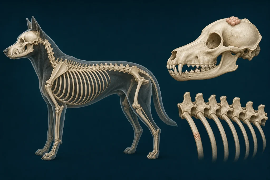 Canine axial skeleton and skull illustration with generic focal bone changes