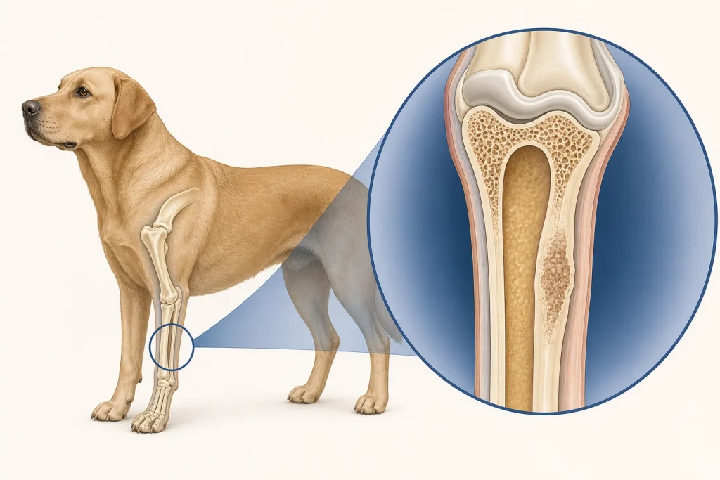 Canine limb bone illustration with a generic localized structural lesion near a joint