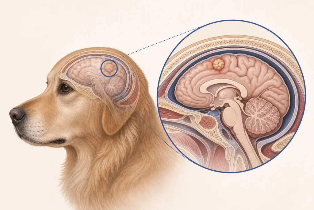 Canine brain and skull illustration with a generic localized intracranial mass